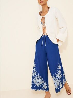 FARM Rio Blue Wide-Leg Embroidered Palazzo Capris